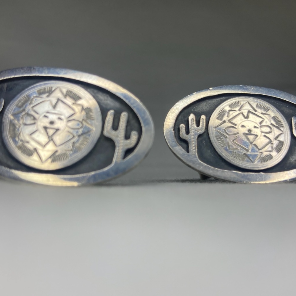 Solid Sterling Silver, Mexican Taxco Aztec Sun, Cactus Cuff Links